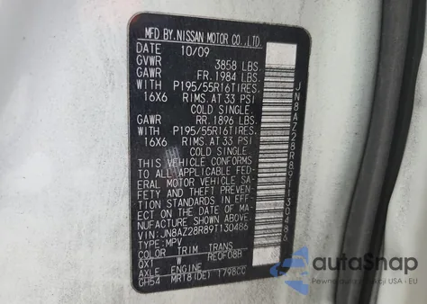 2009 Nissan Cube Base z USA, uszkodzony, nr VIN JN8AZ28R89T130486